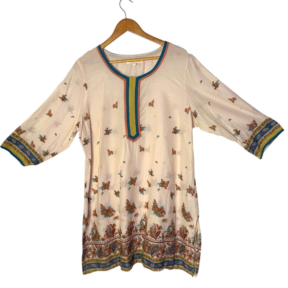 Boho Floral Border Print Tunic Top Womens 6 Split Neck Swim Cover Up Mini Dress
